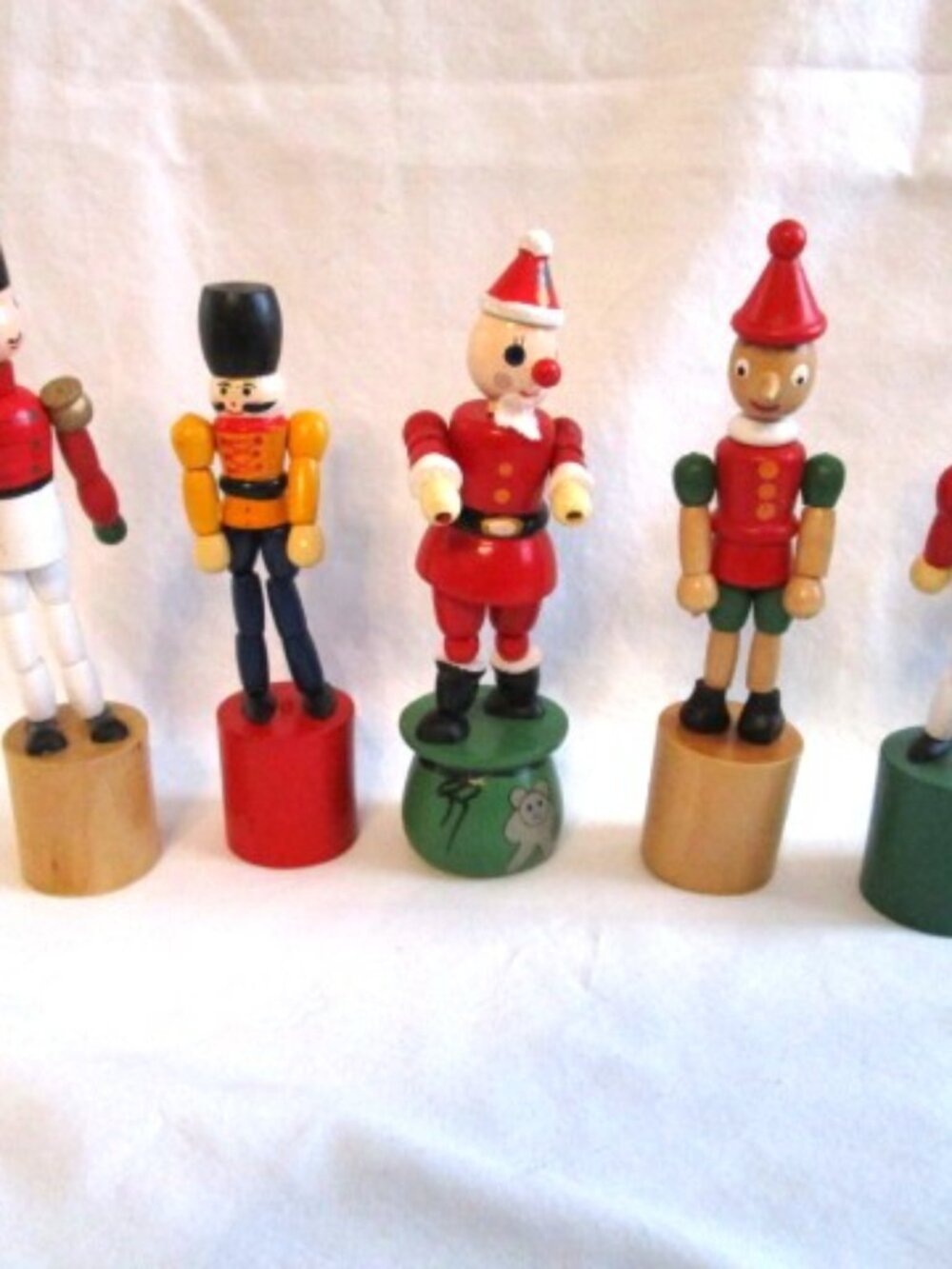 Vintage Wooden Christmas Push Puppets Lot Santa, Pinocchio and 3 Soldiers